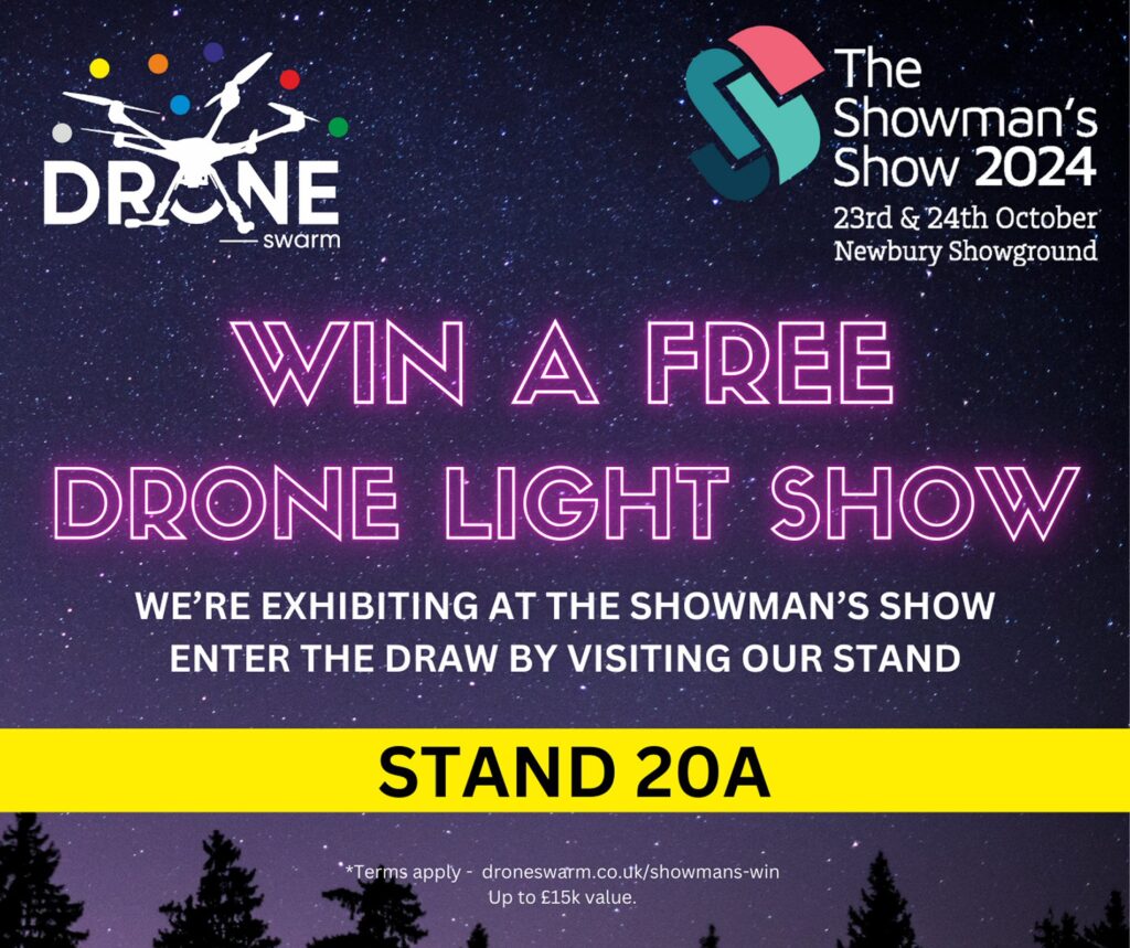 Drone Swarm's Showman's Show 2024 promotion: "Win a Free Drone Light Show." Visit Stand 20A at Newbury Showground.