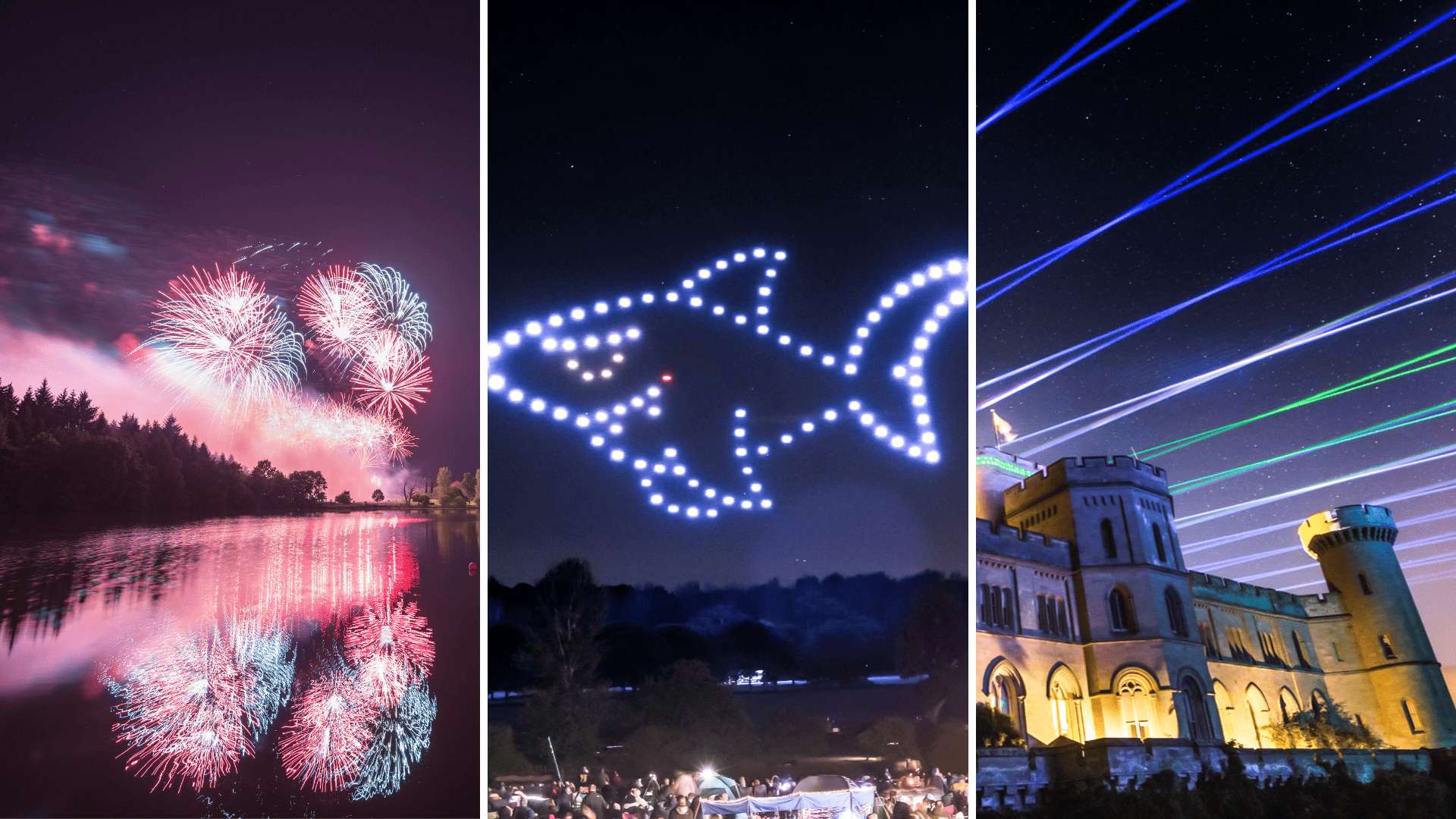 A breathtaking display at Osmaston Park: fireworks illuminating the lake, a mesmerizing drone light show of a shark, and vibrant lasers dancing above the castle at night. Perfect for an unforgettable wedding experience.