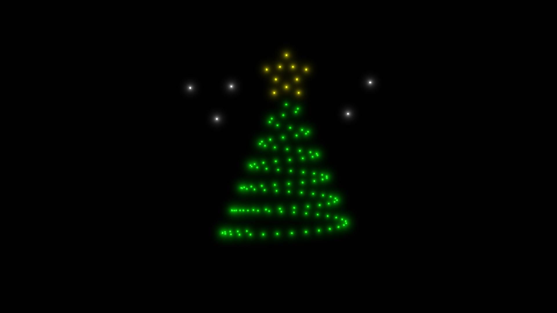 A digital Christmas tree with glowing green lights and a yellow star on top shines brilliantly, reminiscent of the magical displays at an Osmaston Park Wedding Drone Show, all set against a dark background.