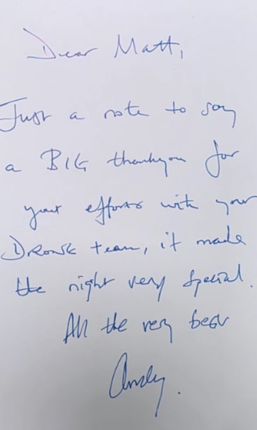 Handwritten thank-you note addressed to Matt, expressing gratitude for efforts with the Drowsk team.